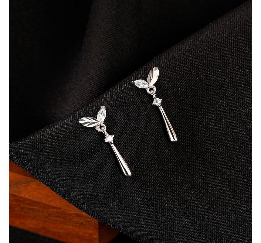 925 Sterling Silver Leaf Rhinestone Drop Earring