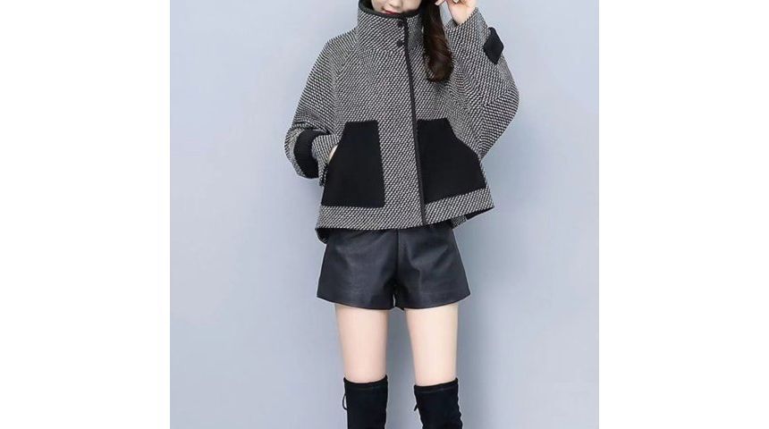 High Neck Contrast Pipping Tweed Zip-Up Jacket
