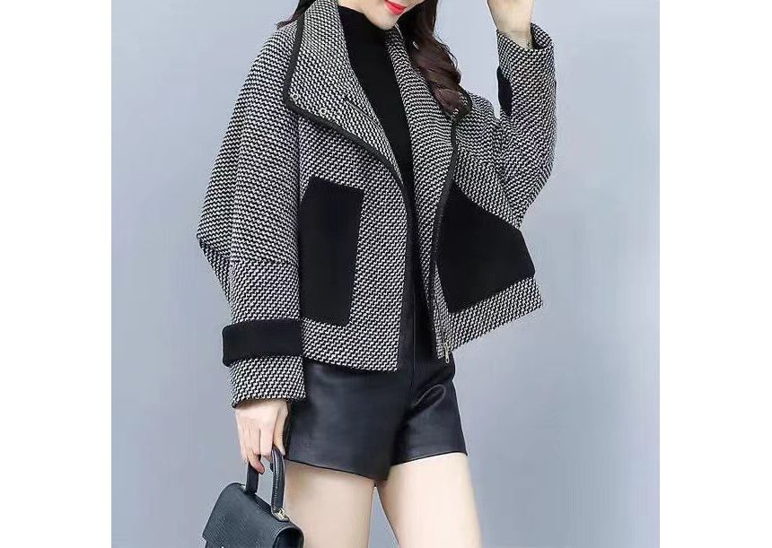 High Neck Contrast Pipping Tweed Zip-Up Jacket