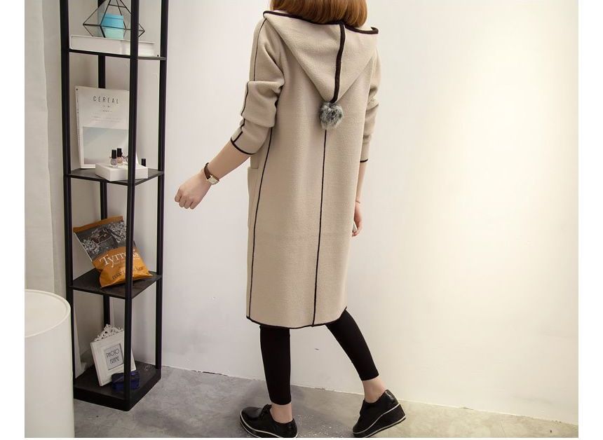 Long-Sleeve Contrast Trim Woolen Coat