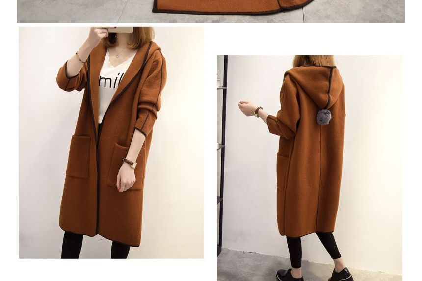 Long-Sleeve Contrast Trim Woolen Coat