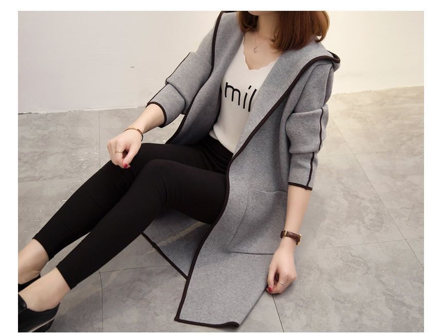 Long-Sleeve Contrast Trim Woolen Coat