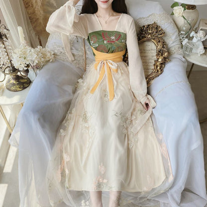 Long-Sleeve V-Neck Tie-Waist Floral Embroidery Sheer Maxi A-Line Dress