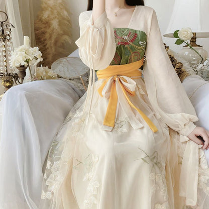 Long-Sleeve V-Neck Tie-Waist Floral Embroidery Sheer Maxi A-Line Dress