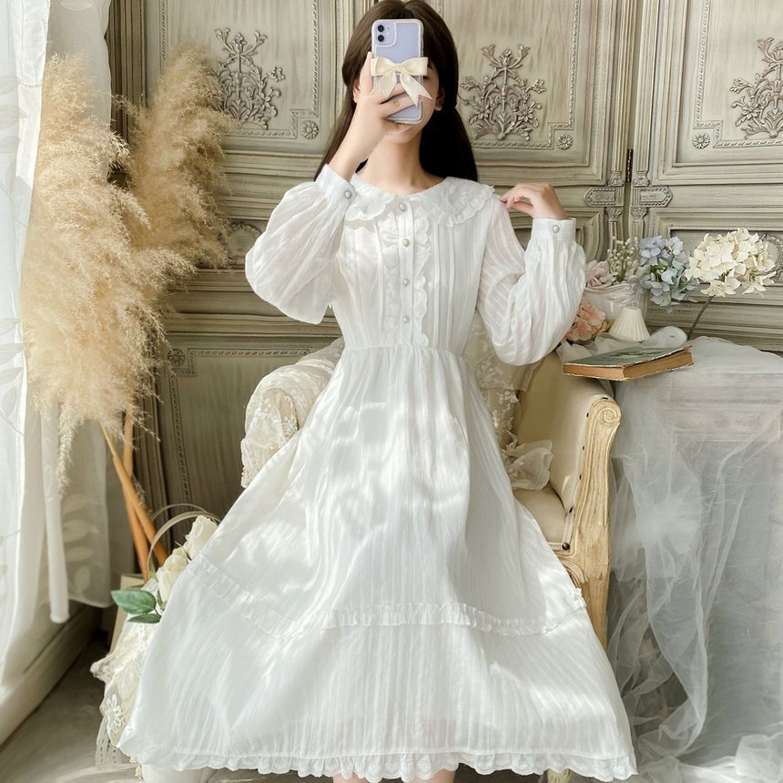 Long-Sleeve Doll Collar Plain Frill Trim Faux Pearl Half-Button Midi A-Line Dress