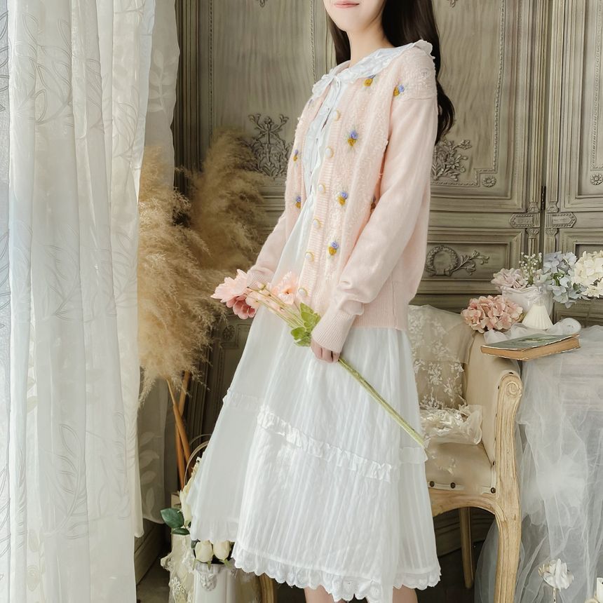 Long-Sleeve Doll Collar Plain Frill Trim Faux Pearl Half-Button Midi A-Line Dress