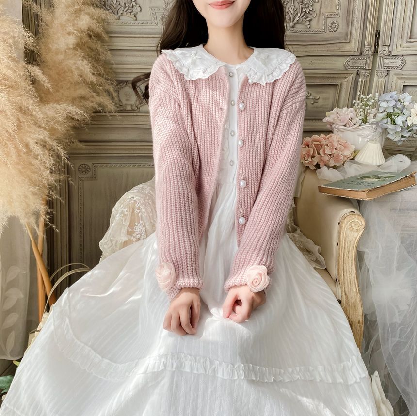 Long-Sleeve Doll Collar Plain Frill Trim Faux Pearl Half-Button Midi A-Line Dress