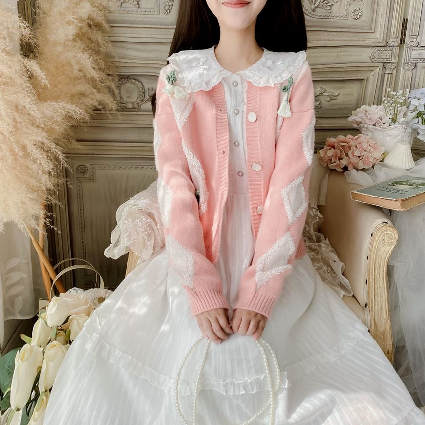 Long-Sleeve Doll Collar Plain Frill Trim Faux Pearl Half-Button Midi A-Line Dress