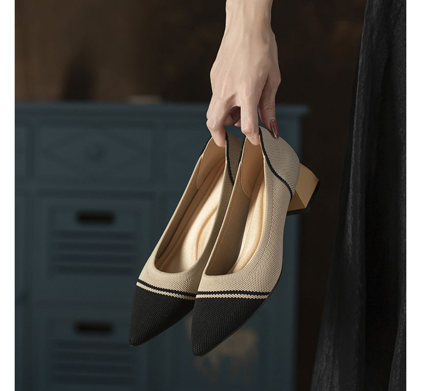 Pointed Woven Pumps Block-Heel