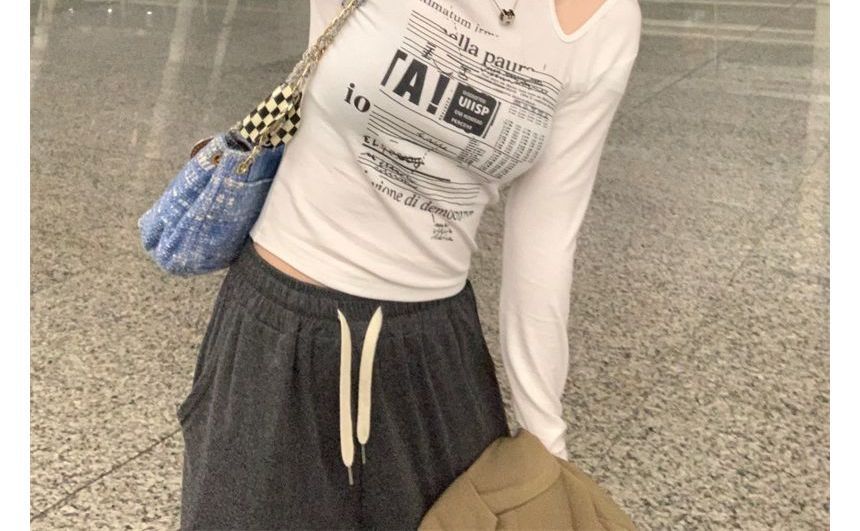 Long-Sleeve Cold-Shoulder Top Slim-Fit Print