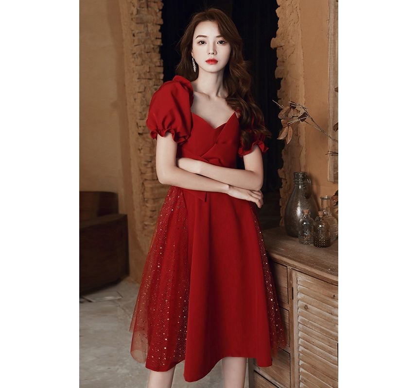 Short-Sleeve Sequin Panel Plain Dress