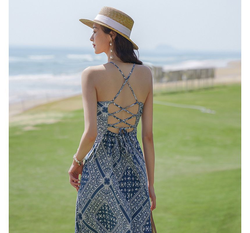 A-Line Paisley Spaghetti Dress Print Midi Strap