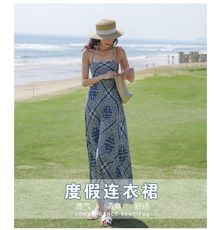 A-Line Paisley Spaghetti Dress Print Midi Strap