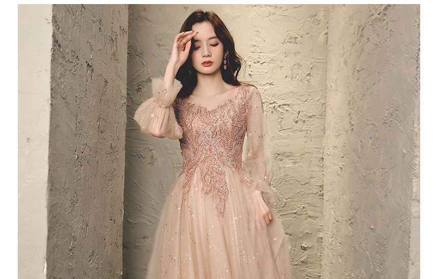 Long-Sleeve V-Neck Sequined Floral Sheer Overlay A-Line Evening Gown