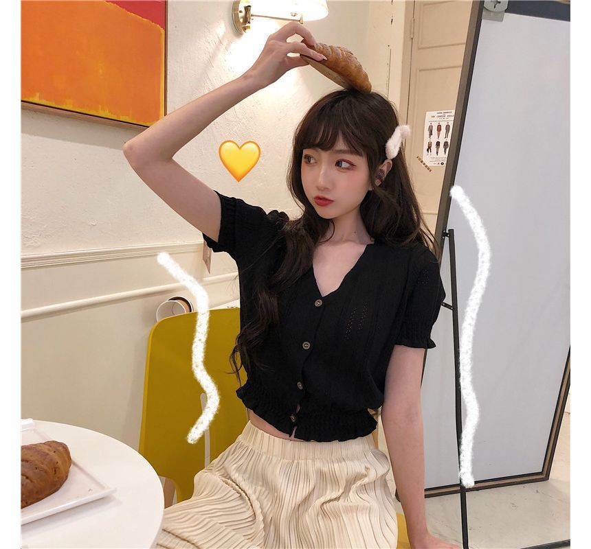 Perforated Knit Top Button-Up V-Neck Short-Sleeve