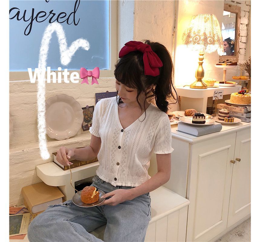 Perforated Knit Top Button-Up V-Neck Short-Sleeve