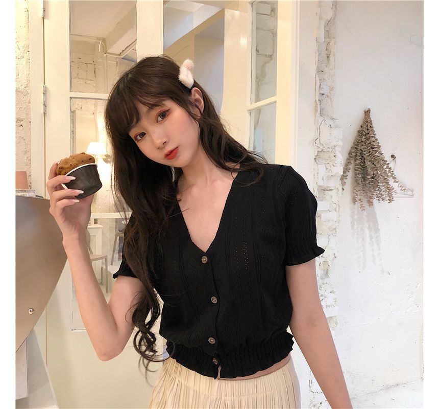 Perforated Knit Top Button-Up V-Neck Short-Sleeve