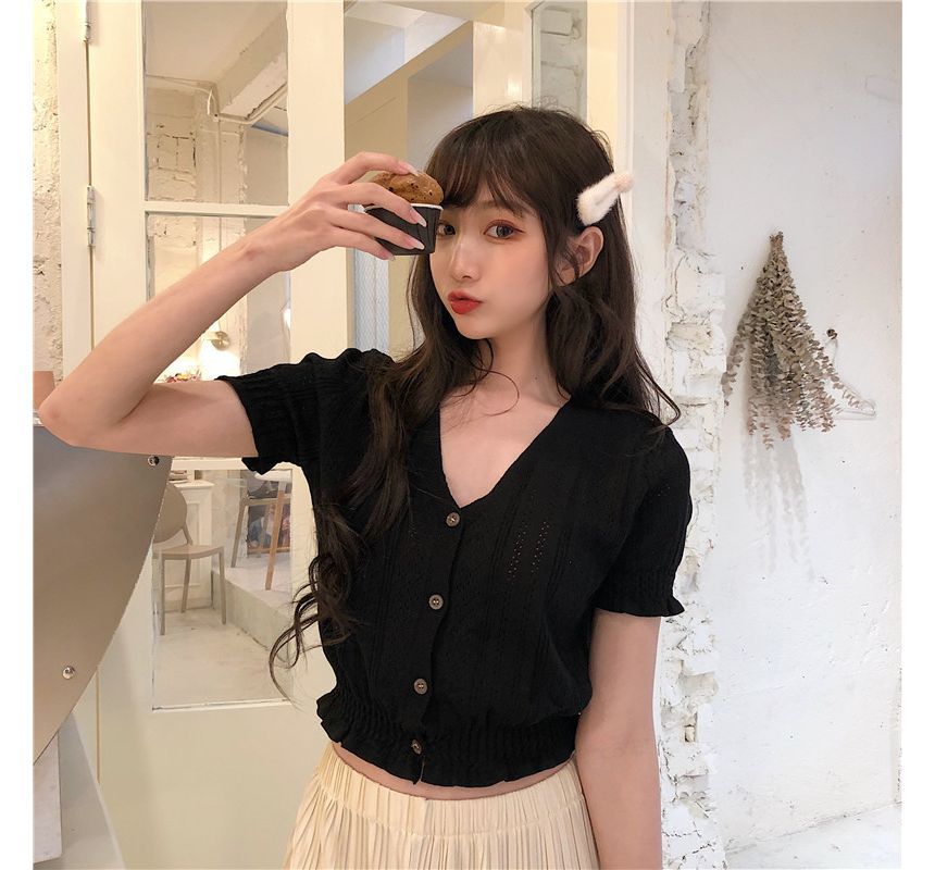 Perforated Knit Top Button-Up V-Neck Short-Sleeve