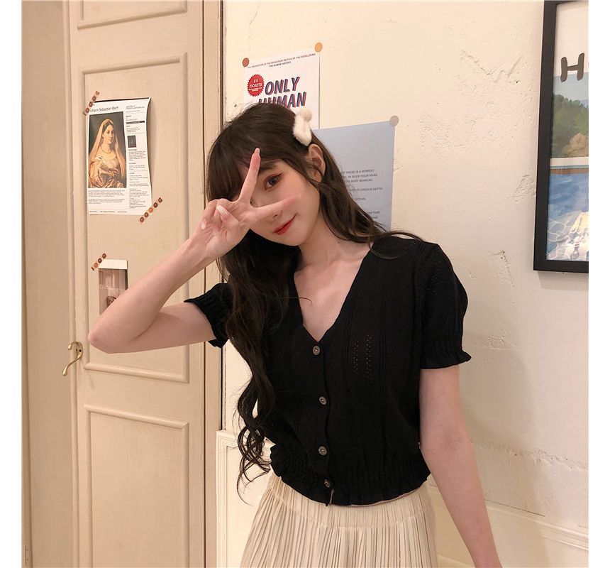 Perforated Knit Top Button-Up V-Neck Short-Sleeve