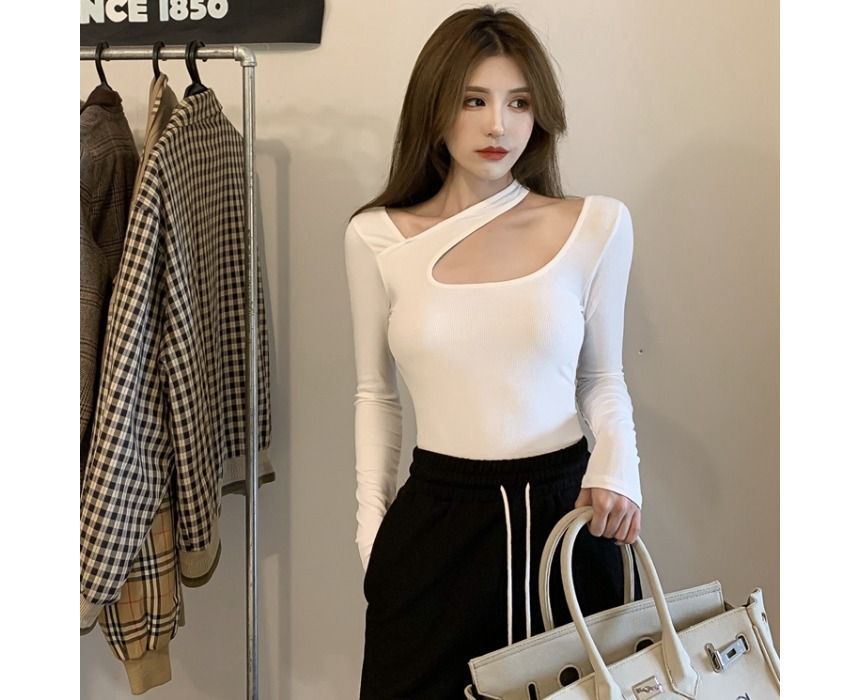 Cutout Asymmetrical Neck Long-Sleeve Plain T-Shirt