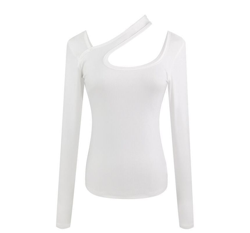 Cutout Asymmetrical Neck Long-Sleeve Plain T-Shirt