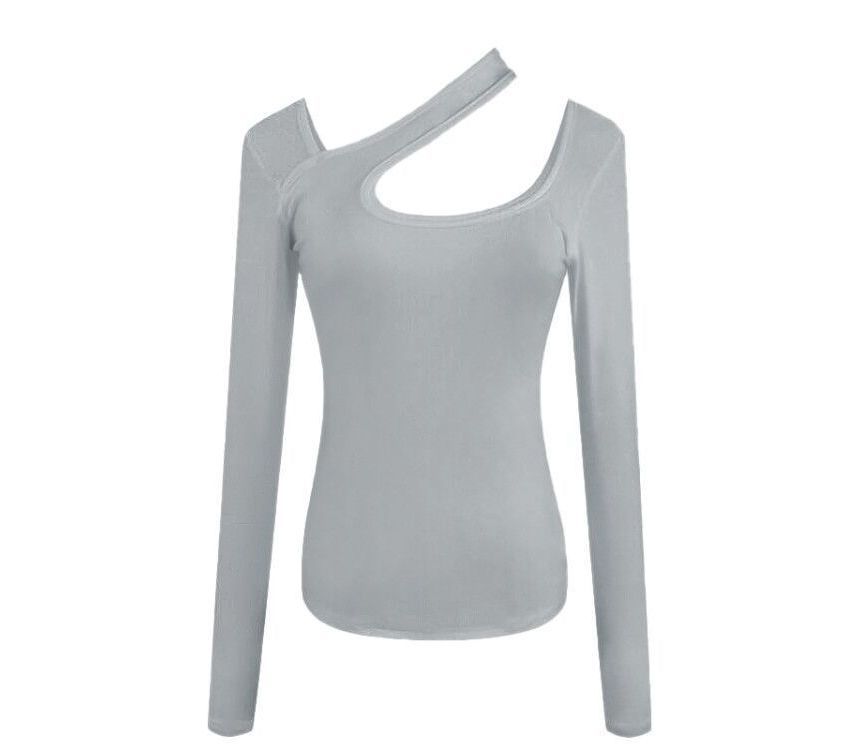 Cutout Asymmetrical Neck Long-Sleeve Plain T-Shirt