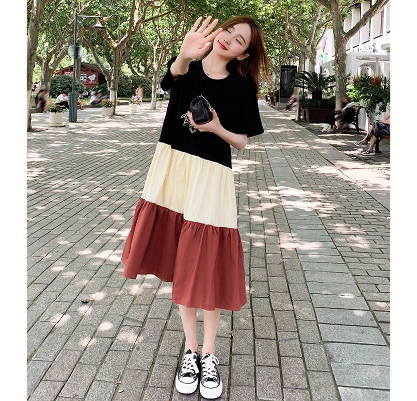 Crew A-Line Midi Short-Sleeve Dress Neck Color Block