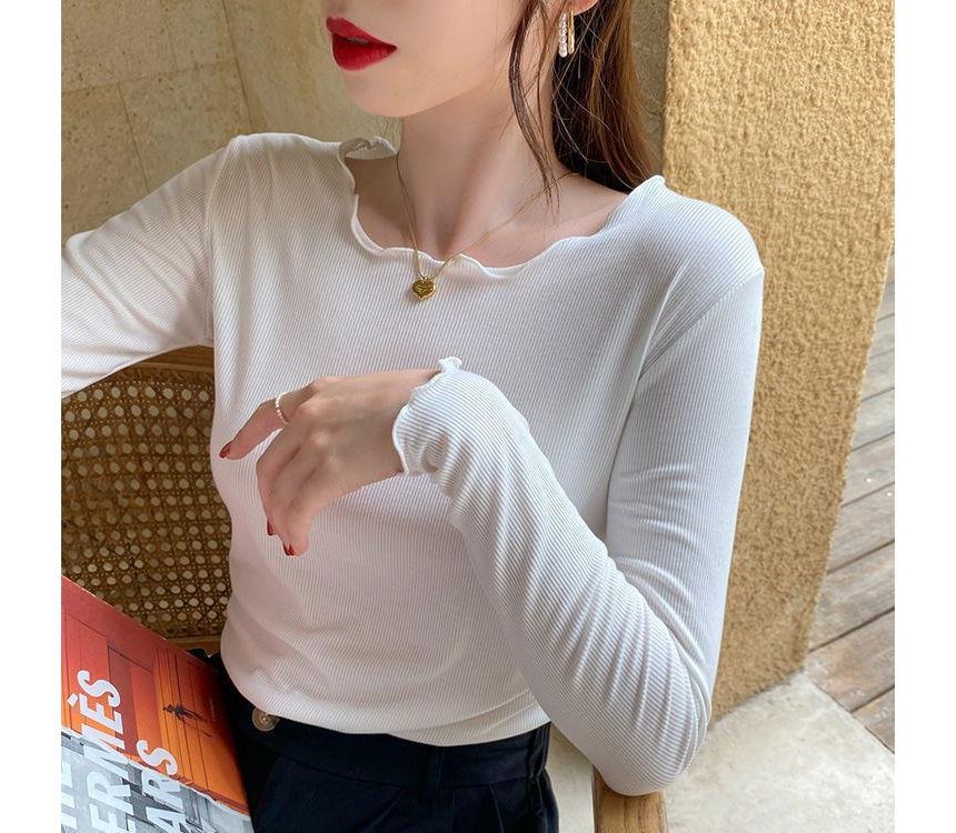 Neck Ribbed Tee Scoop Long-Sleeve Plain Lettuce Edge