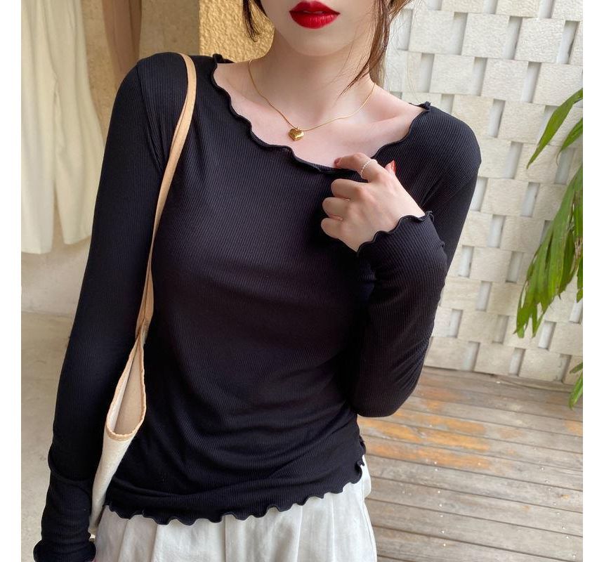 Neck Ribbed Tee Scoop Long-Sleeve Plain Lettuce Edge