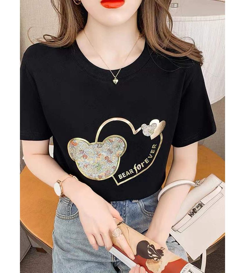 Tee Neck Print Bear Crew Short-Sleeve