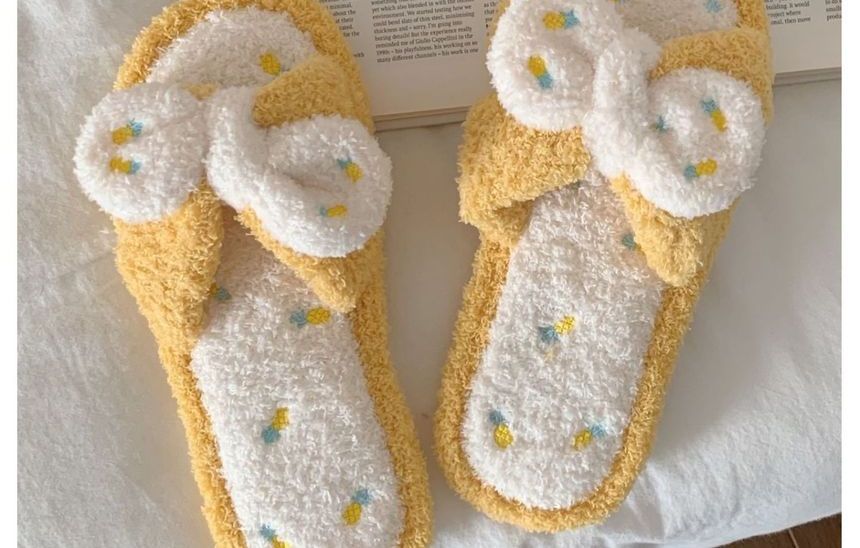 Pineapple Embroidered Fluffy Bow Slippers