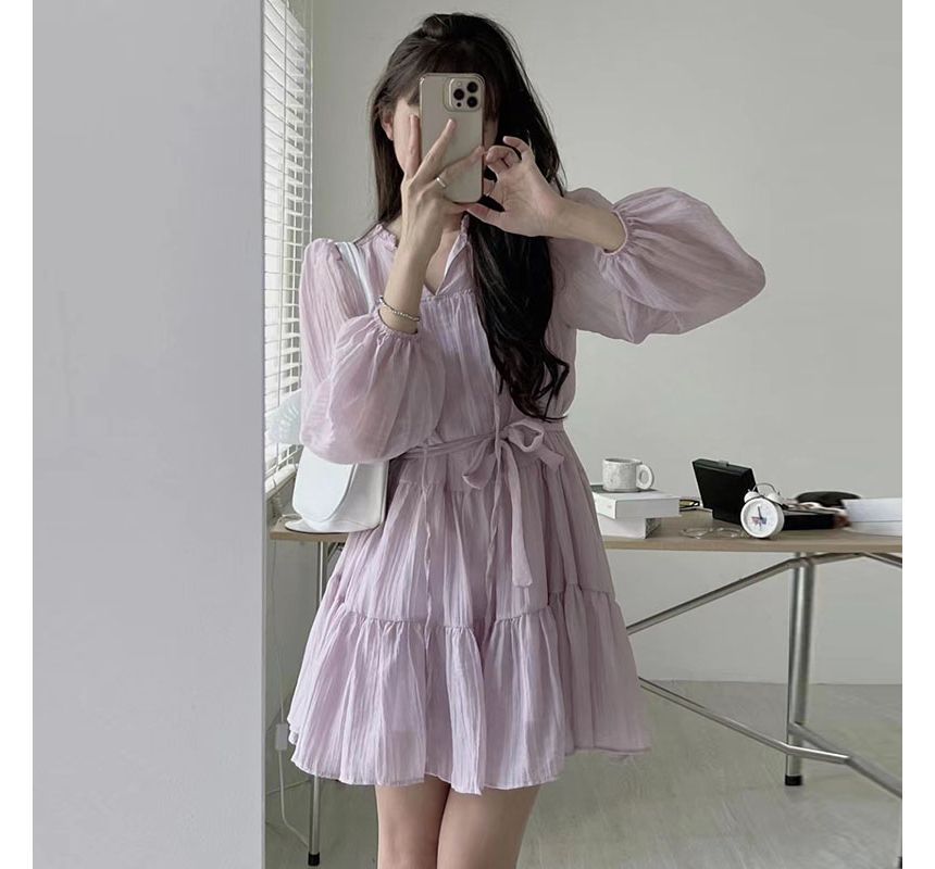 Long-Sleeve Tie-Neck Sashed Plain Mini A-Line Dress