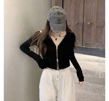 Plain Zip Cropped Hoodie