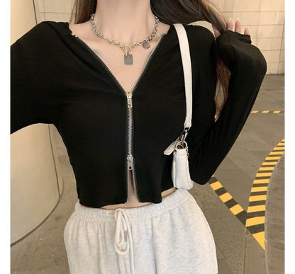 Plain Zip Cropped Hoodie