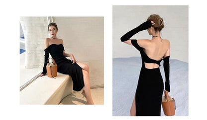 Set: Cap-Sleeve Off Shoulder Knit Sheath Dress + Arm Sleeves