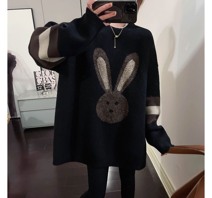 Crew Neck Rabbit Embroidered Sweater