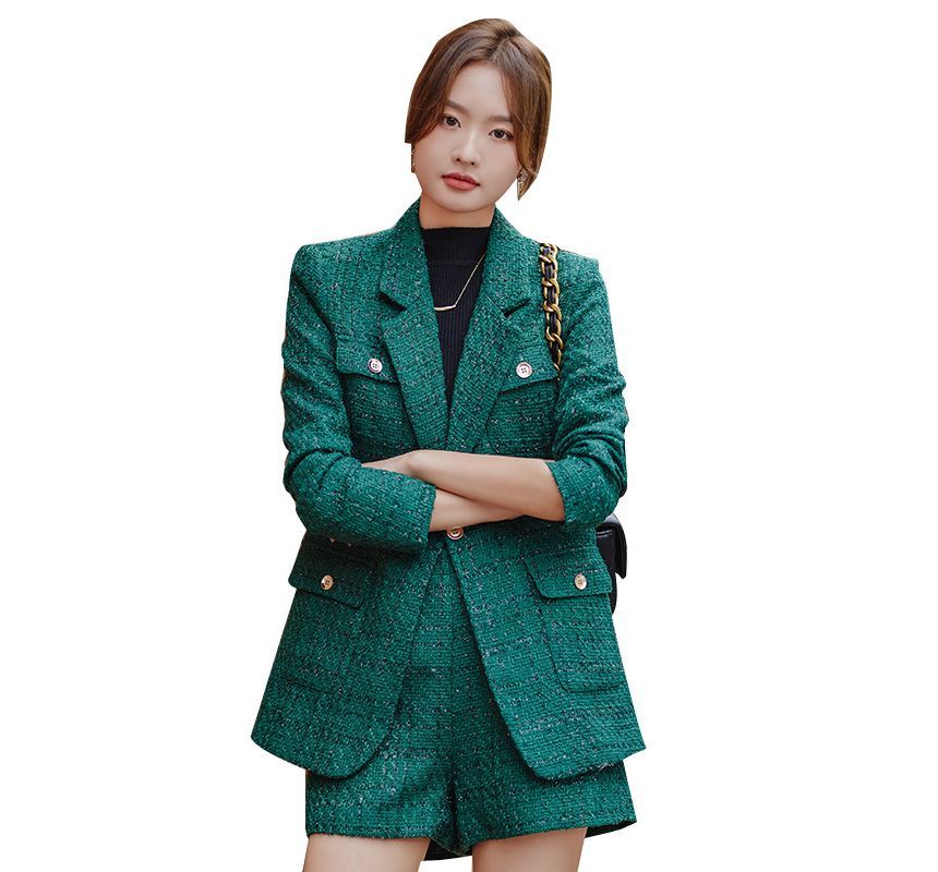 Tweed Single-Breasted Blazer / High Waist Shorts / Set