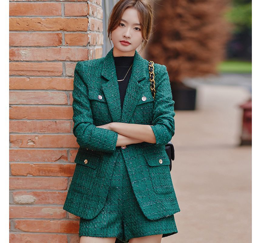 Tweed Single-Breasted Blazer / High Waist Shorts / Set
