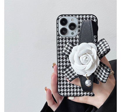 Floral Houndstooth Strap Phone Case - iPhone 14 Pro Max / 14 Pro / 14 Max / 14 / 13 Pro Max / 13 Pro / 13 / 13 mini / 12 Pro Max / 12 Pro / 12 / 12 mini / 11 Pro Max / 11 Pro / 11 / SE / XS Max / XS / XR / X / 8 / 8 Plus / 7 / 7 Plus