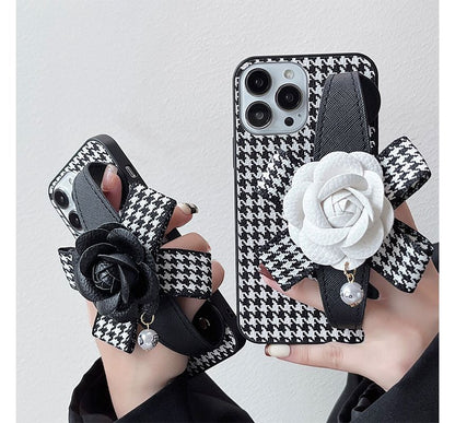 Floral Houndstooth Strap Phone Case - iPhone 14 Pro Max / 14 Pro / 14 Max / 14 / 13 Pro Max / 13 Pro / 13 / 13 mini / 12 Pro Max / 12 Pro / 12 / 12 mini / 11 Pro Max / 11 Pro / 11 / SE / XS Max / XS / XR / X / 8 / 8 Plus / 7 / 7 Plus