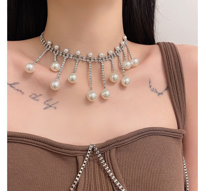 Pearl Faux Alloy Rhinestone Fringed Choker