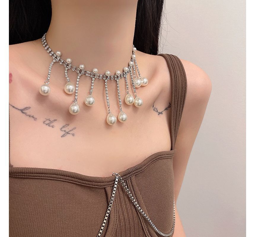 Pearl Faux Alloy Rhinestone Fringed Choker