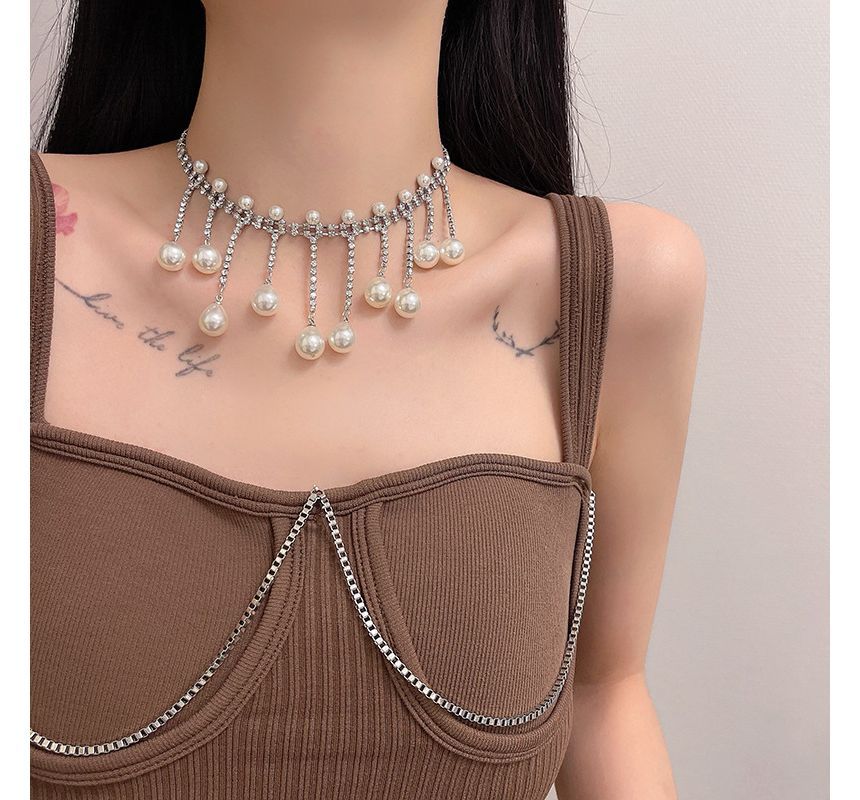 Pearl Faux Alloy Rhinestone Fringed Choker