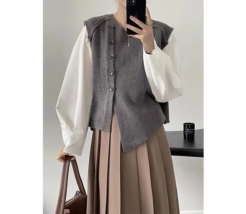 Asymmetrical Neck Vest Button-Up Crew Sweater Plain Hem