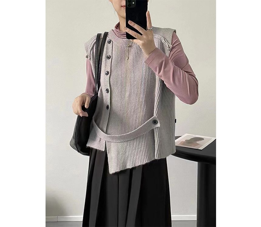 Asymmetrical Neck Vest Button-Up Crew Sweater Plain Hem