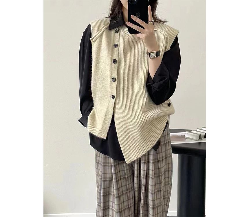 Asymmetrical Neck Vest Button-Up Crew Sweater Plain Hem