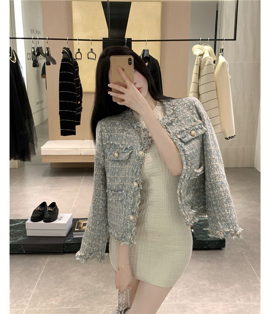 Fringed Tweed Single-Breasted Jacket