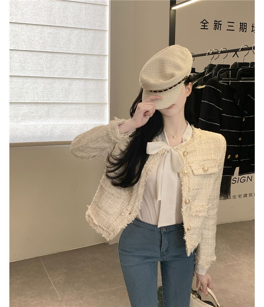 Fringed Tweed Single-Breasted Jacket