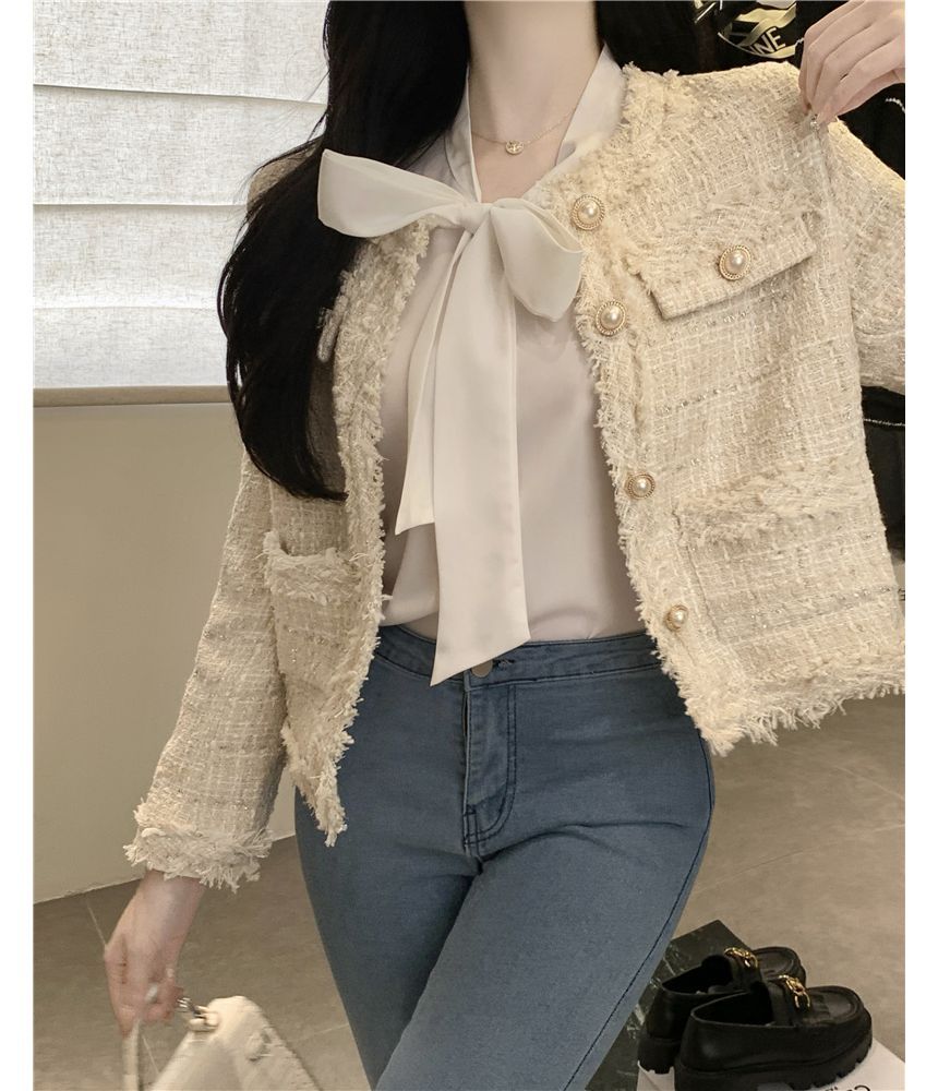 Fringed Tweed Single-Breasted Jacket