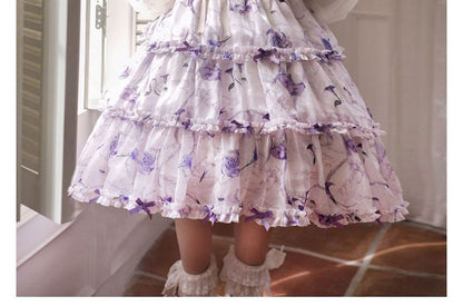 Lolita Long-Sleeve Floral Bow Ruffle Trim Midi A-Line Dress